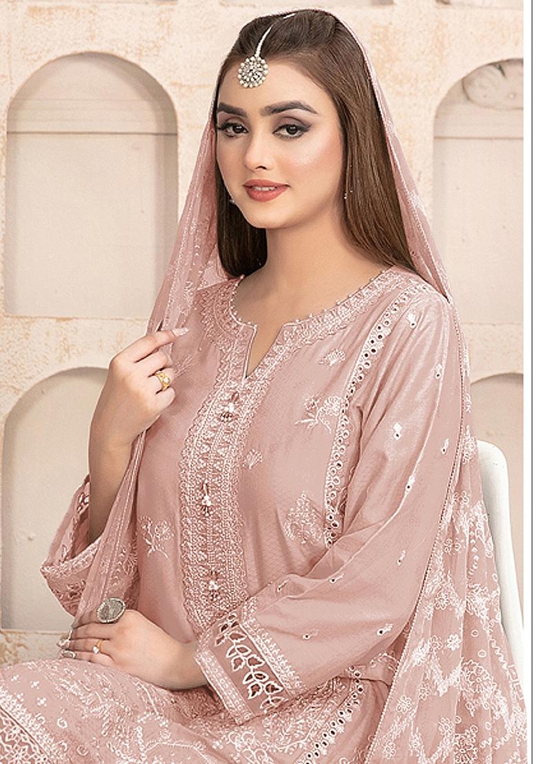 Peach Embroidered Georgette Salwar Kameez With Dupatta - Indya