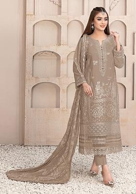 Beige Embroidered Georgette Salwar Kameez With Dupatta