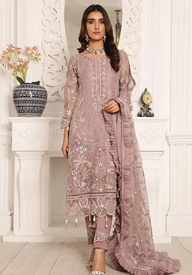 Pink Embroidered Net Salwar Kameez With Dupatta