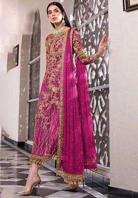 Pink Embroidered Net Salwar Kameez With Dupatta