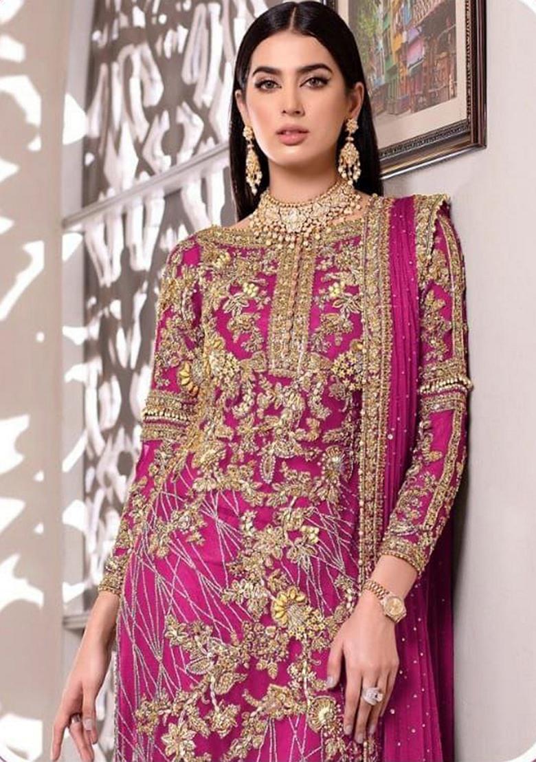 Pink Embroidered Net Salwar Kameez With Dupatta - Indya