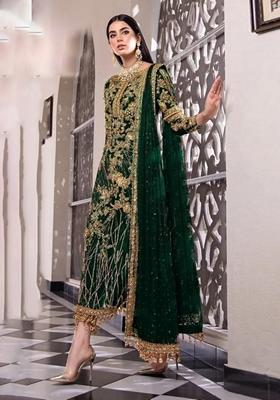 Green Embroidered Net Salwar Kameez With Dupatta
