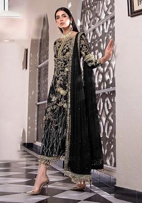 Black Embroidered Net Salwar Kameez With Dupatta
