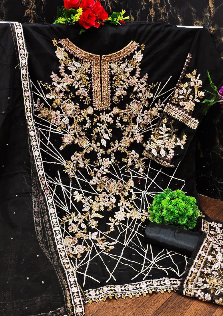 Black Embroidered Net Salwar Kameez With Dupatta - Indya