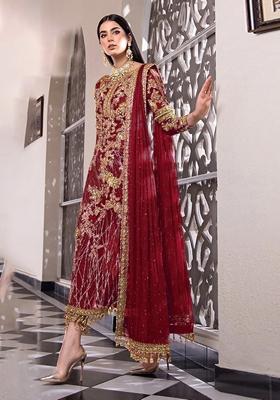 Red Embroidered Net Salwar Kameez With Dupatta