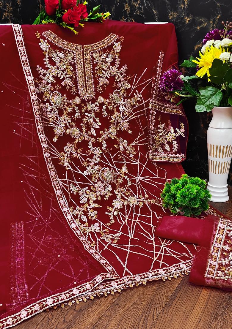 Red Embroidered Net Salwar Kameez With Dupatta - Indya