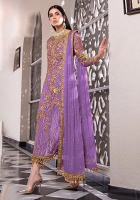 Purple Embroidered Net Salwar Kameez With Dupatta