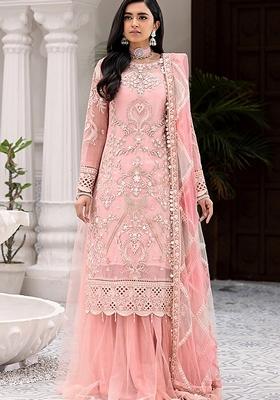 Pink Embroidered Net Salwar Kameez With Dupatta
