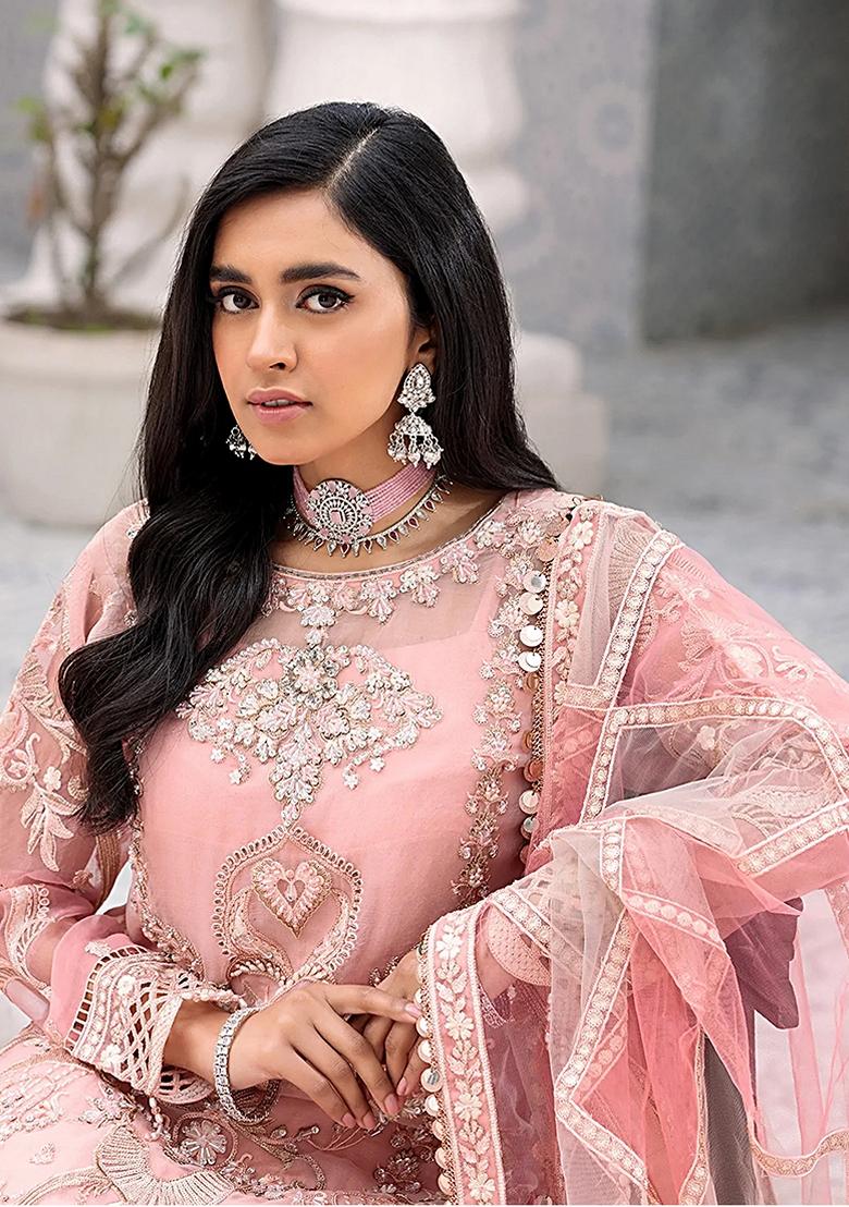 Pink Embroidered Net Salwar Kameez With Dupatta - Indya