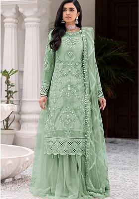 Green Embroidered Net Salwar Kameez With Dupatta