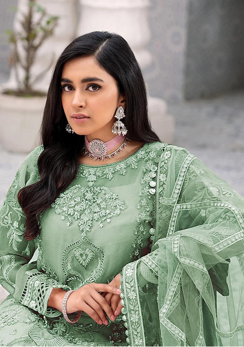 Green Embroidered Net Salwar Kameez With Dupatta - Indya