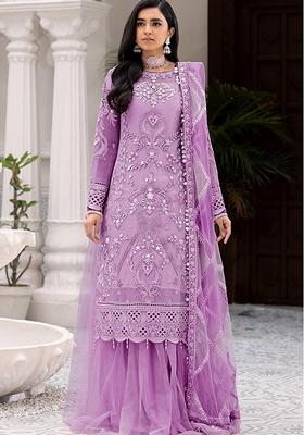 Purple Embroidered Net Salwar Kameez With Dupatta