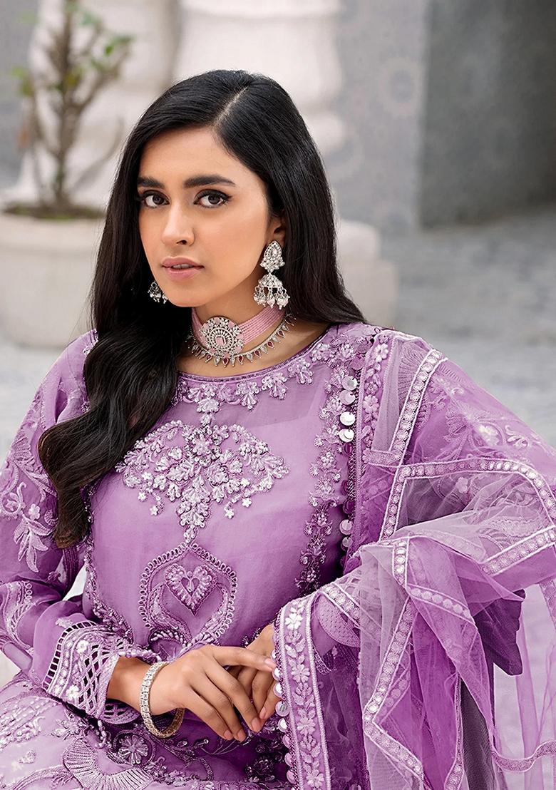 Purple Embroidered Net Salwar Kameez With Dupatta - Indya