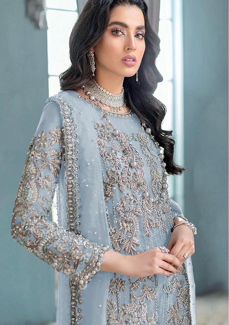 Grey Embroidered Organza Salwar Kameez With Dupatta - Indya