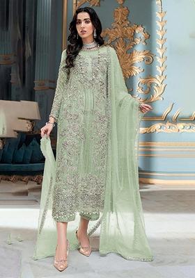 Green Embroidered Organza Salwar Kameez With Dupatta
