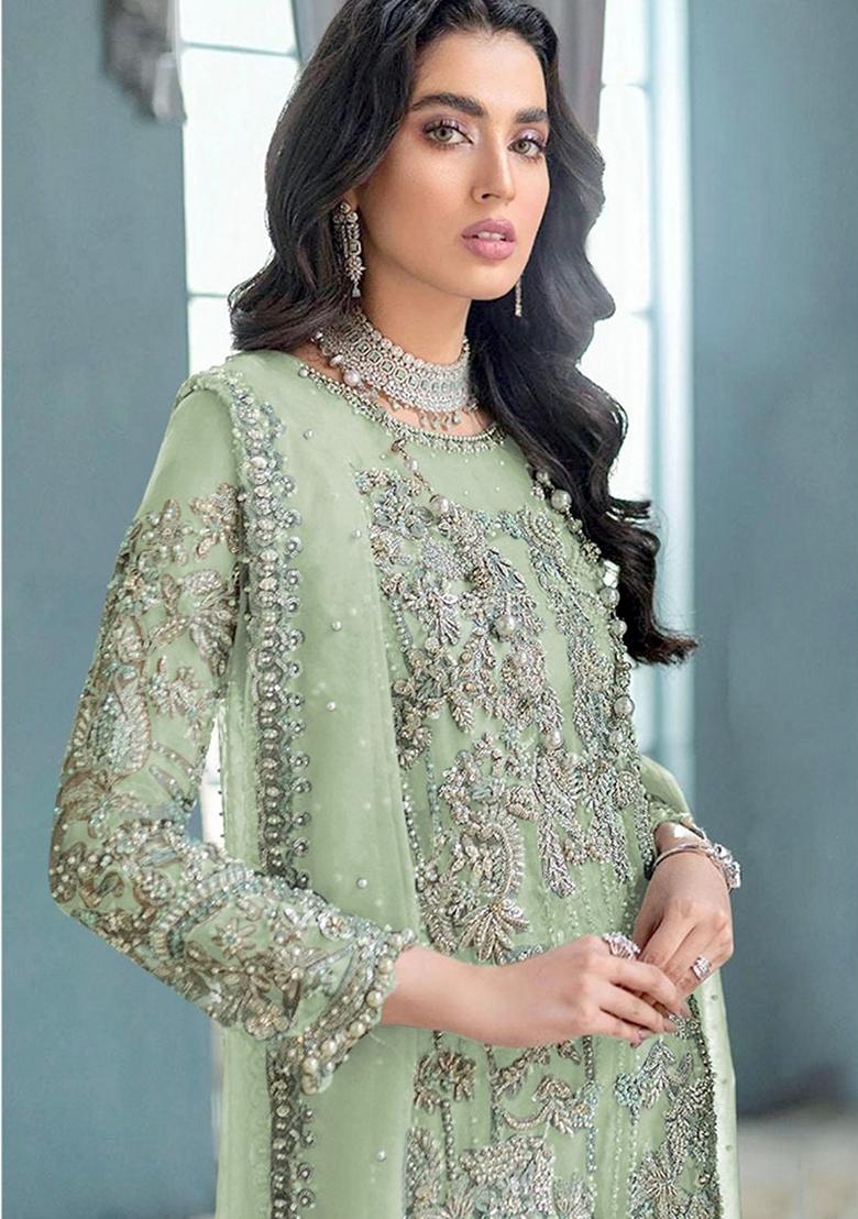 Green Embroidered Organza Salwar Kameez With Dupatta - Indya