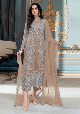 Brown Embroidered Organza Salwar Kameez With Dupatta
