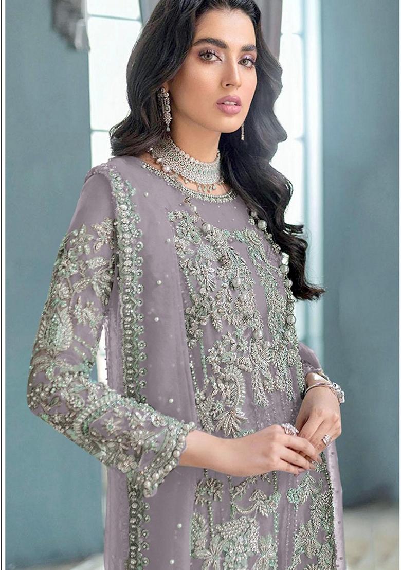 Pink Embroidered Organza Salwar Kameez With Dupatta - Indya