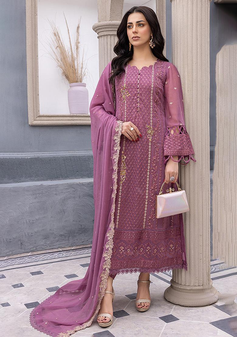 Pink Embroidered Georgette Salwar Kameez With Dupatta - Indya