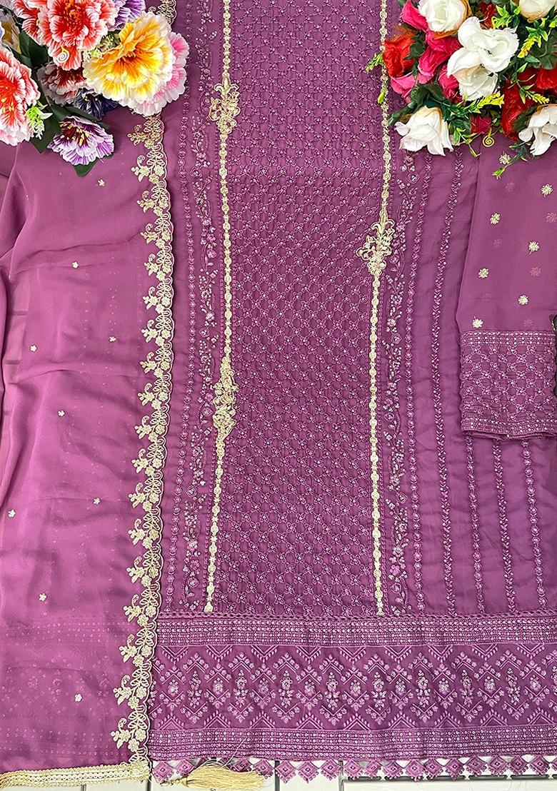 Pink Embroidered Georgette Salwar Kameez With Dupatta - Indya