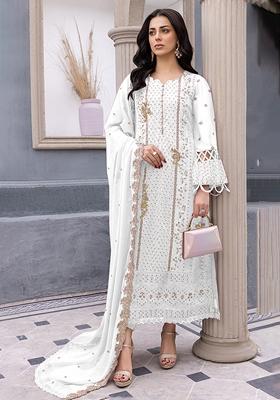 White Embroidered Georgette Salwar Kameez With Dupatta