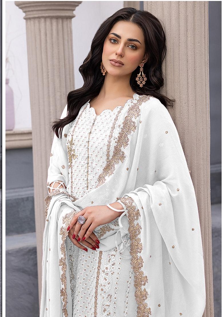 White Embroidered Georgette Salwar Kameez With Dupatta - Indya