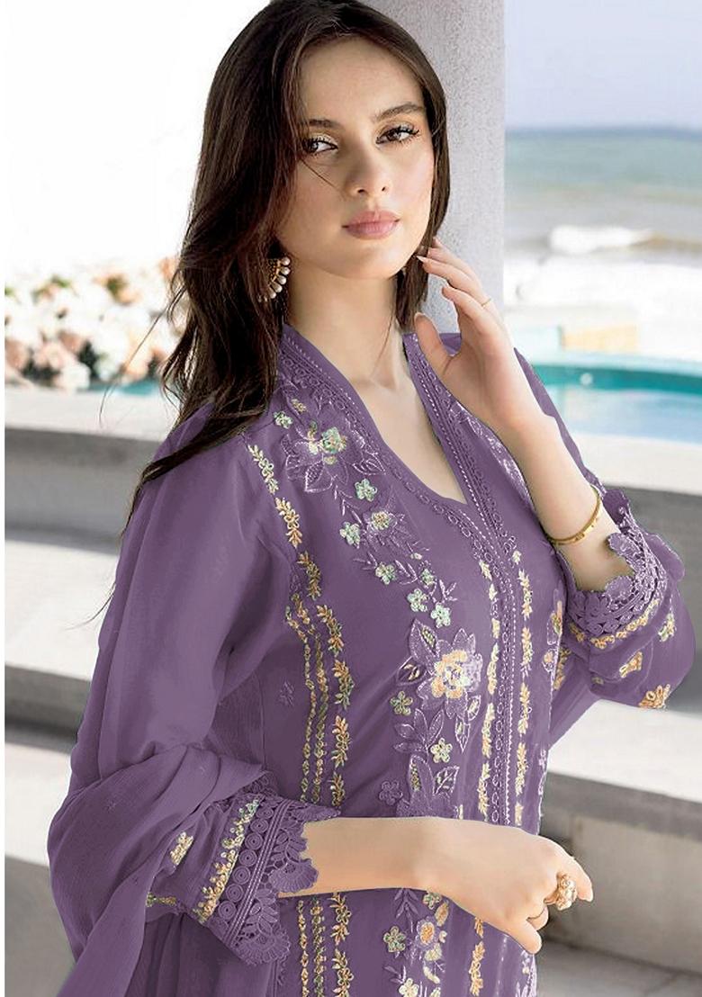 Purple Embroidered Georgette Salwar Kameez With Dupatta - Indya