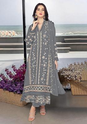 Grey Embroidered Georgette Salwar Kameez With Dupatta