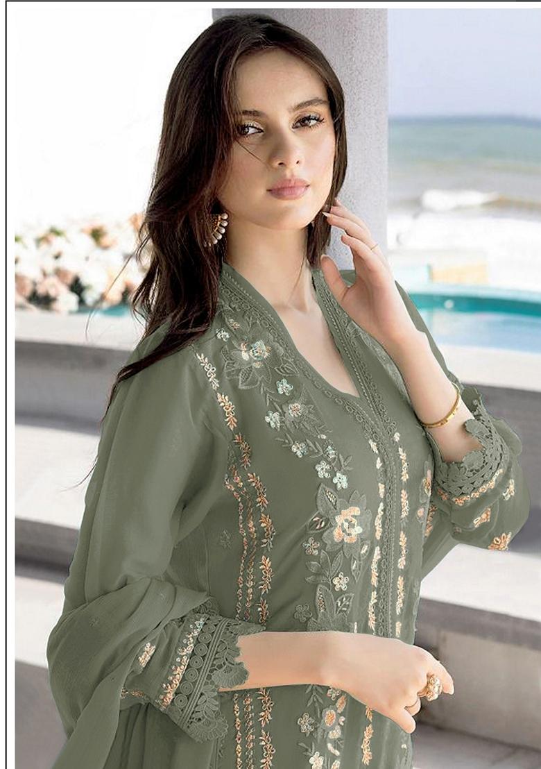 Purple Embroidered Georgette Salwar Kameez With Dupatta - Indya