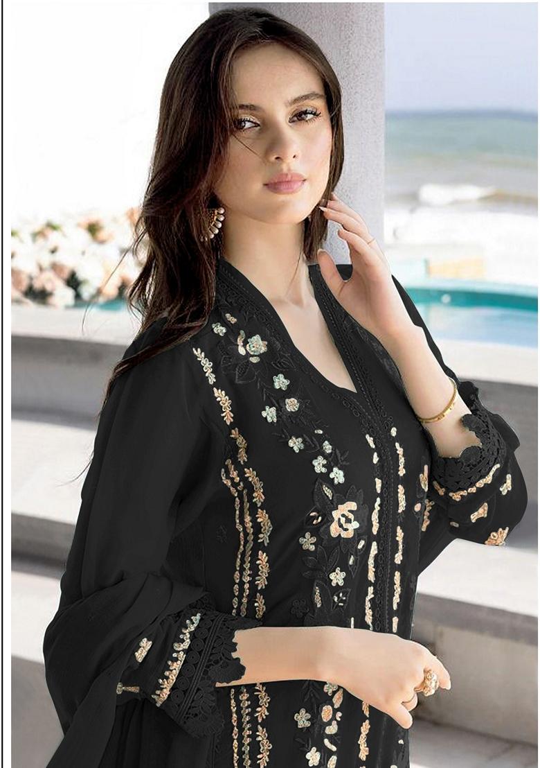 Green Embroidered Georgette Salwar Kameez With Dupatta - Indya