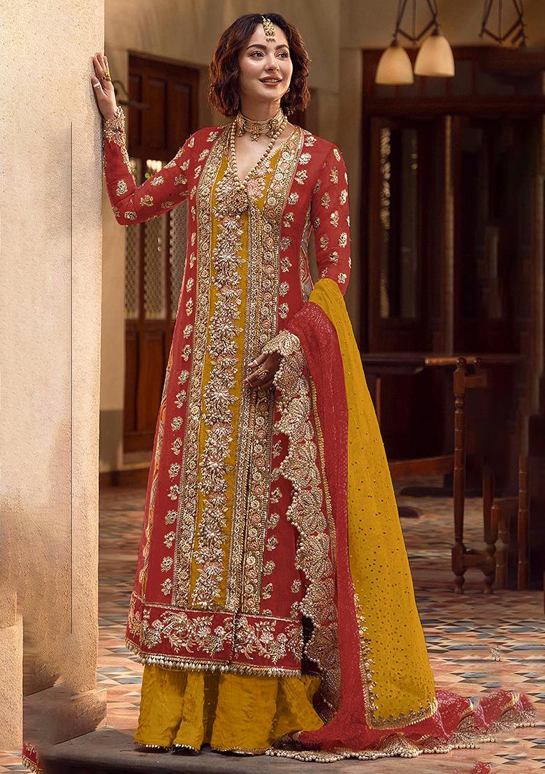 Red Embroidered Organza Salwar Kameez With Dupatta - Indya