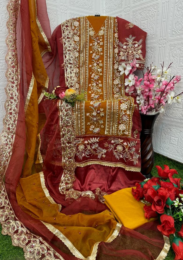 Red Embroidered Organza Salwar Kameez With Dupatta - Indya