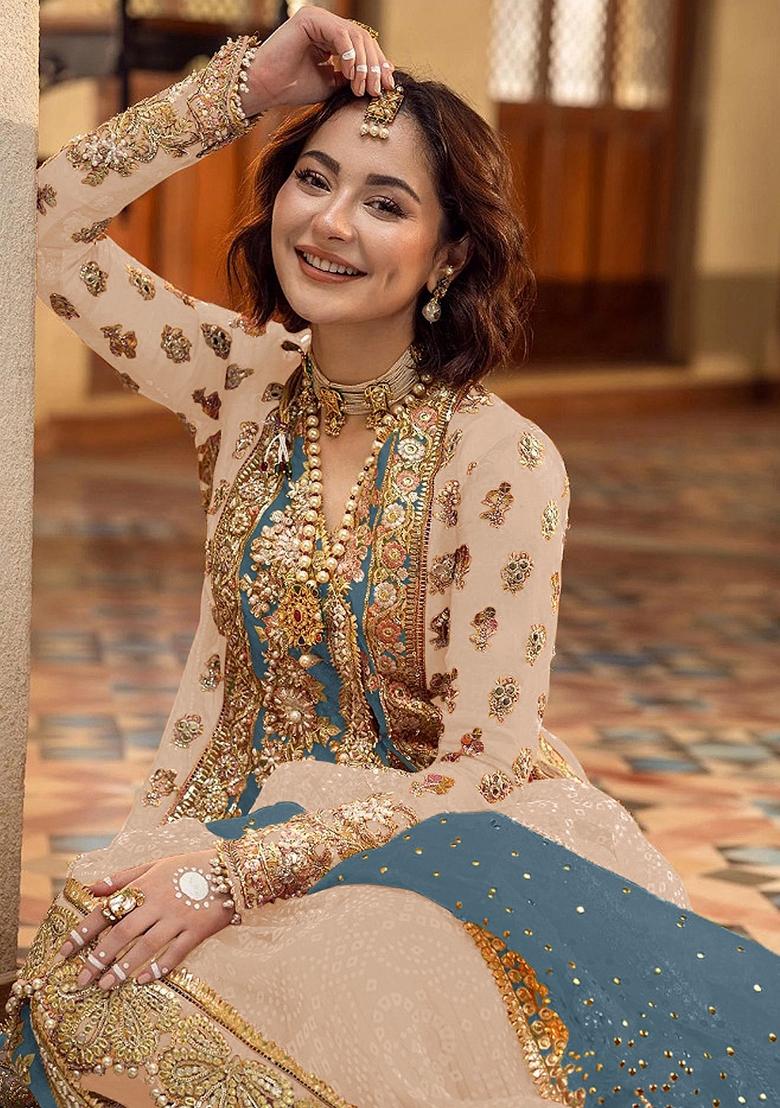 Peach Embroidered Organza Salwar Kameez With Dupatta - Indya