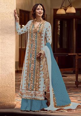 Blue Embroidered Organza Salwar Kameez With Dupatta
