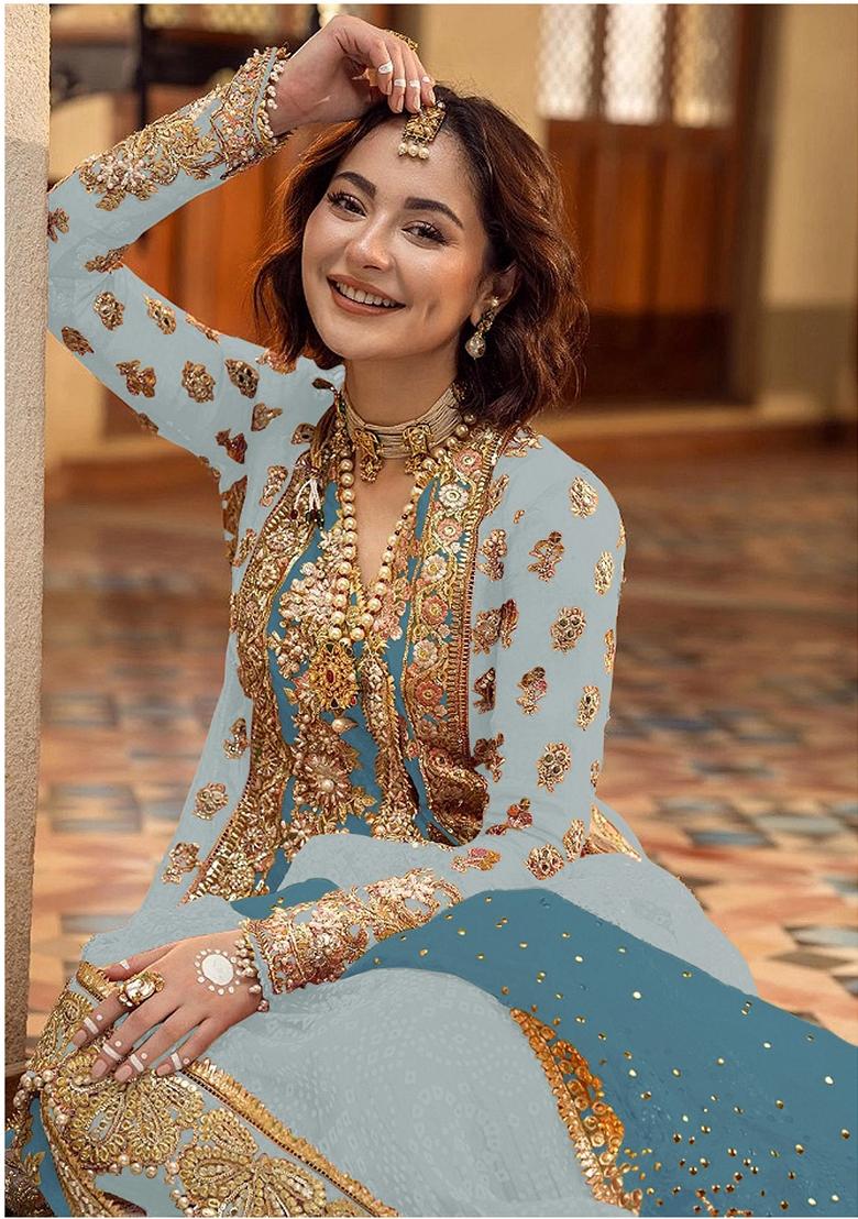 Blue Embroidered Organza Salwar Kameez With Dupatta - Indya