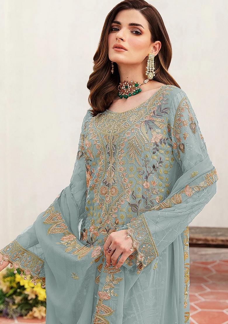 Blue Embroidered Georgette Salwar Kameez With Dupatta - Indya