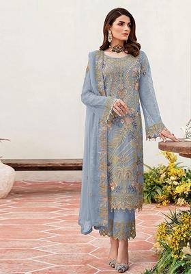 Blue Embroidered Georgette Salwar Kameez With Dupatta