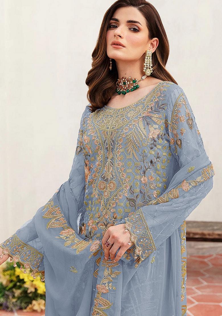 Blue Embroidered Georgette Salwar Kameez With Dupatta - Indya