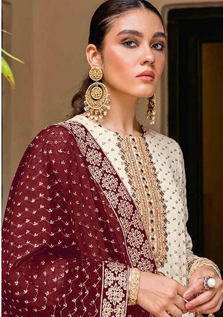 White Embroidered Georgette Salwar Kameez With Dupatta - Indya