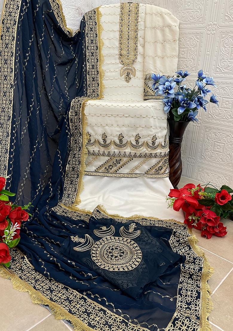 White Embroidered Georgette Salwar Kameez With Dupatta - Indya