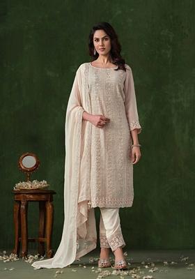 White Embroidered Georgette Salwar Kameez With Dupatta