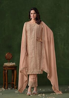 Peach Embroidered Georgette Salwar Kameez With Dupatta