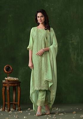 Green Embroidered Georgette Salwar Kameez With Dupatta