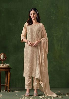 Beige Embroidered Georgette Salwar Kameez With Dupatta