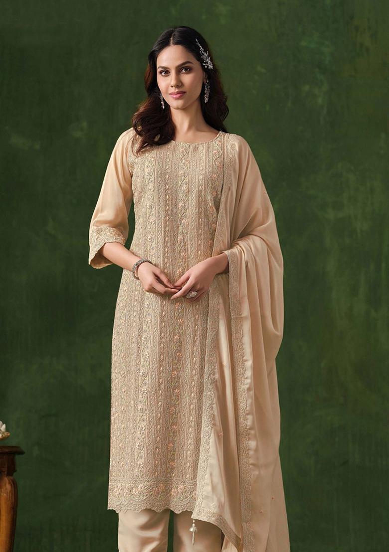 Beige Embroidered Georgette Salwar Kameez With Dupatta - Indya