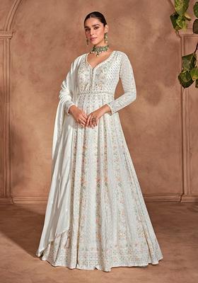 White Embroidered Chinon Salwar Kameez With Dupatta