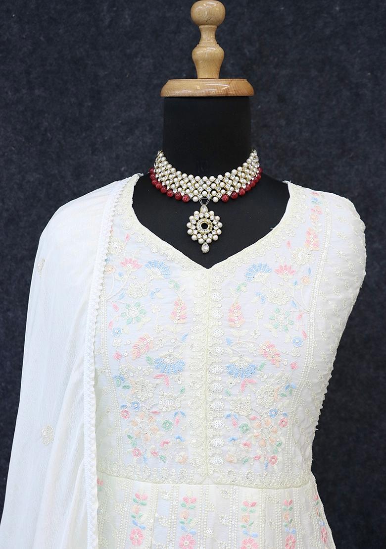 White Embroidered Chinon Salwar Kameez With Dupatta - Indya