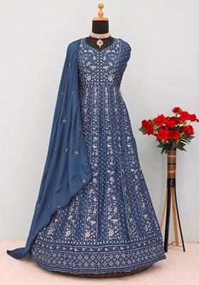Blue Embroidered Chinon Salwar Kameez With Dupatta
