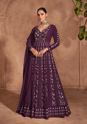 Wine Embroidered Chinon Salwar Kameez With Dupatta