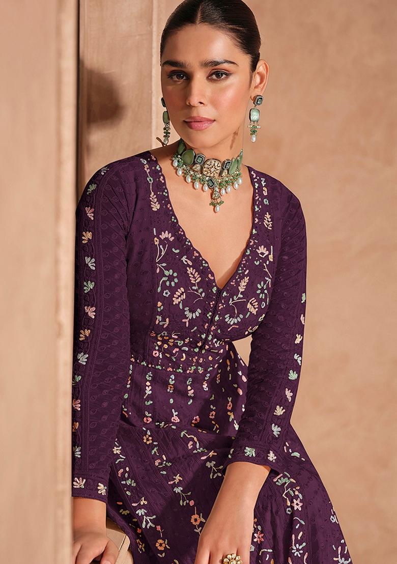 Wine Embroidered Chinon Salwar Kameez With Dupatta - Indya